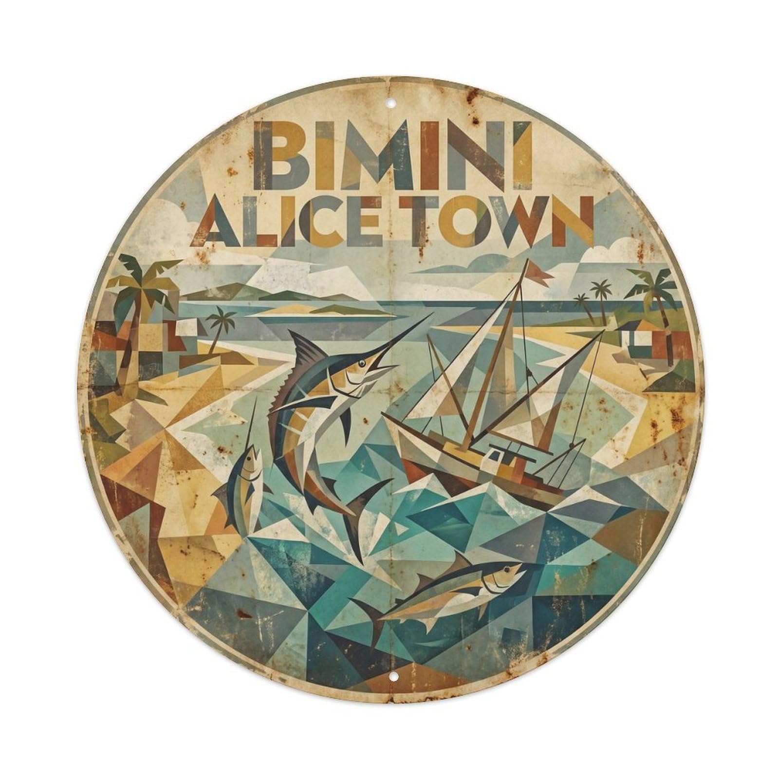 Bimini Alice Town Tropical Coast Geometric Cubist Metal Tin Sign