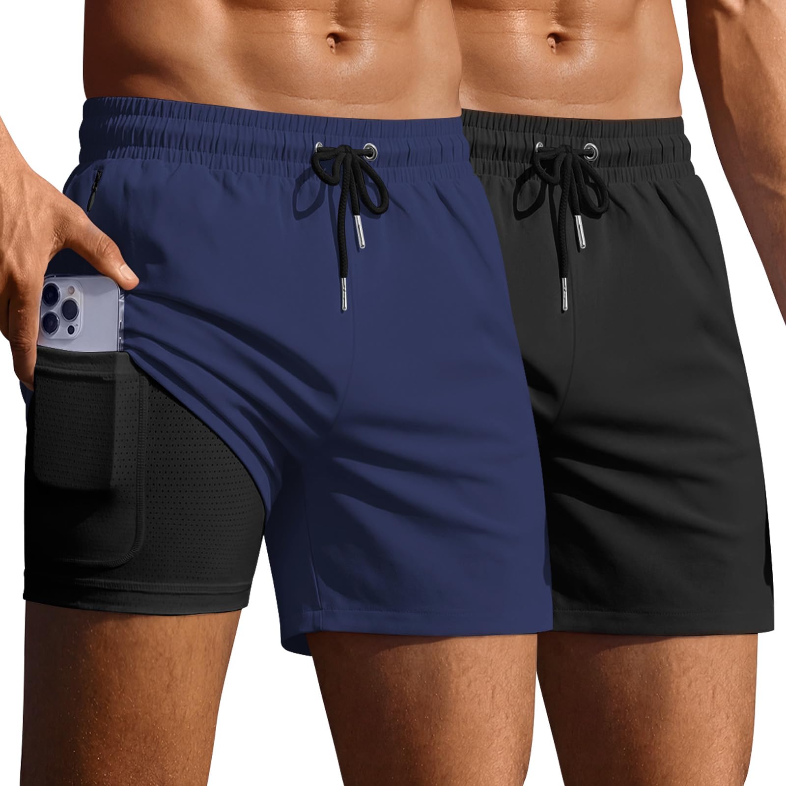 Ekouaer 2 Pack Men's Swim Trunks 5" with Compression Liner 2 in 1 Board Shorts Quick Dry Bathing Suit Swimwear Zipper Pocket — view 9
