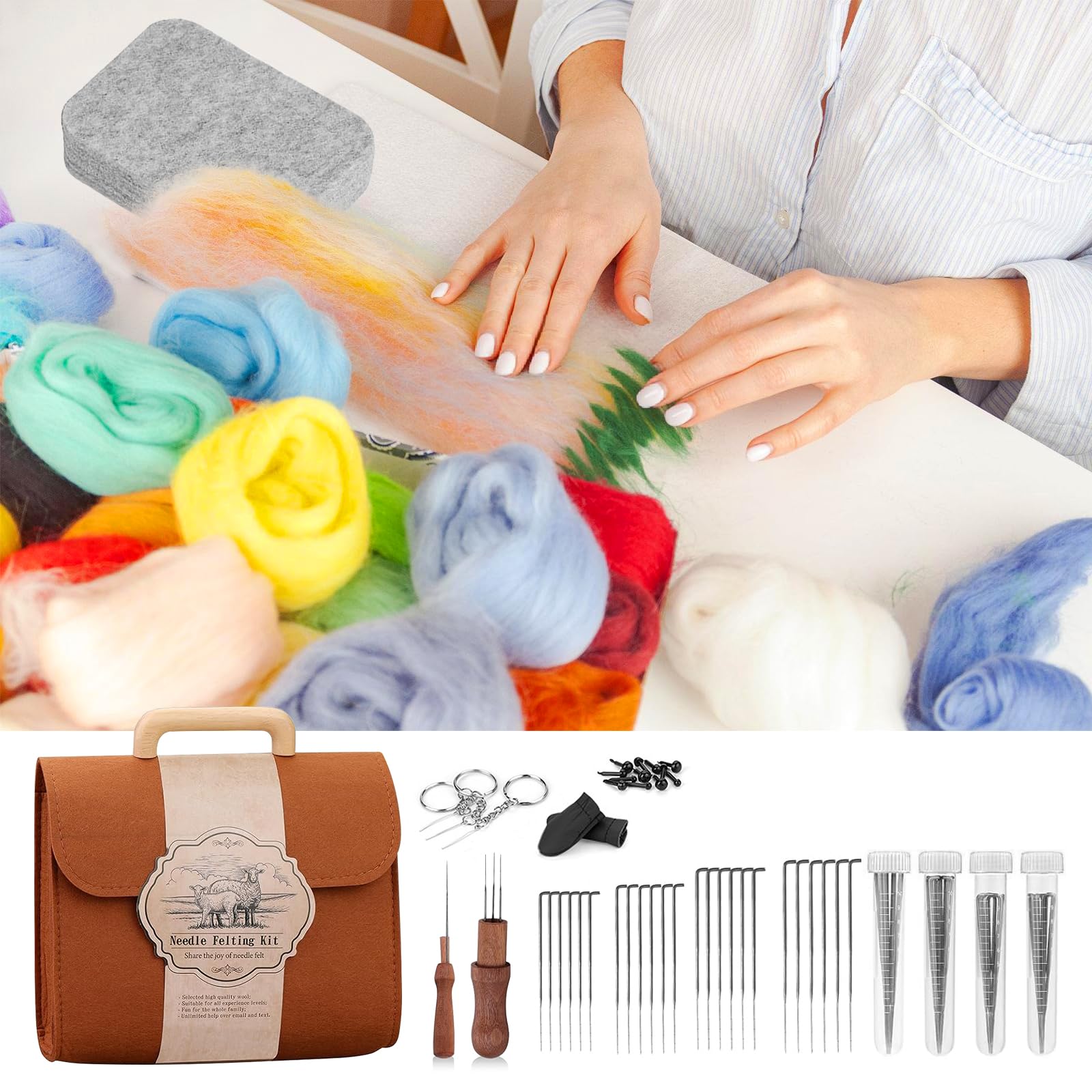 PORFOYO Kit de démarrage de feutrage à sec, 24 couleurs, kit de feutrage pour débutants, kit de feutrage à l'aiguille avec outils, instructions et rangement, kit complet de feutrage pour projets de