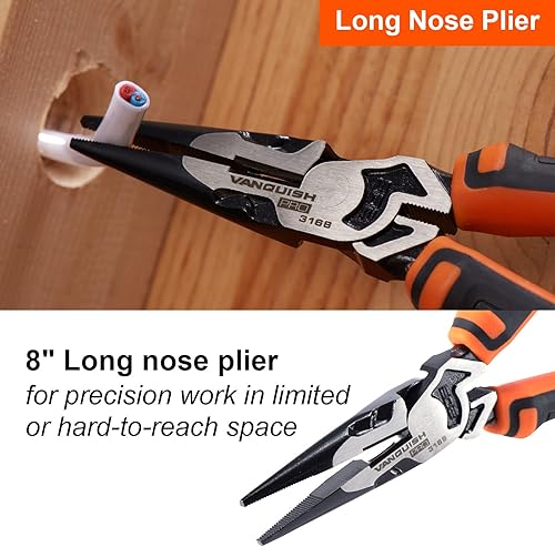 Miniatura 6 de VANQUISH Juego de 3 piezas Juego de herramientas de corte diagonal de mandíbula de alambre, punta larga y alicates Linemans (3192)