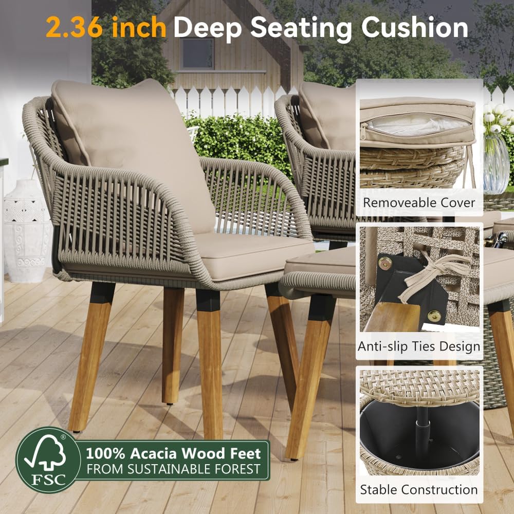 5 Pieces Patio Furniture Chair Sets,with Wicker Cool Bar Table, Ottomans,Outdoor Furniture Bistro Sets for Porch,Backyard,Balcony,Poolside Brown (Brown + Woven Rope + Foam)