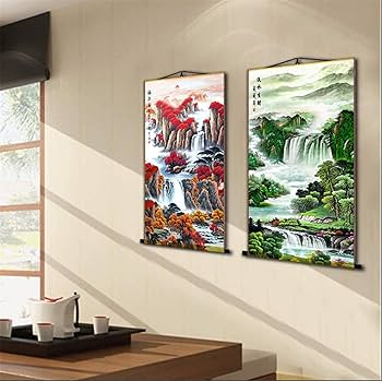 Amazon.co.jp: 中国風掛け軸 壁画スタイルの中国風水滝シルク