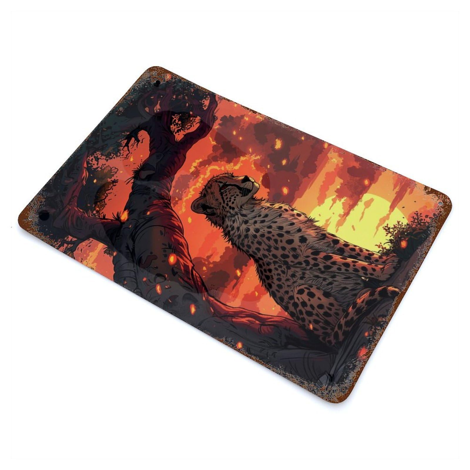 Cheetah Sunset 11.8"x7.9" Rustic Tin Plaque, Farmhouse Wall Decor for Basement, Hobby Room And Garage Decor