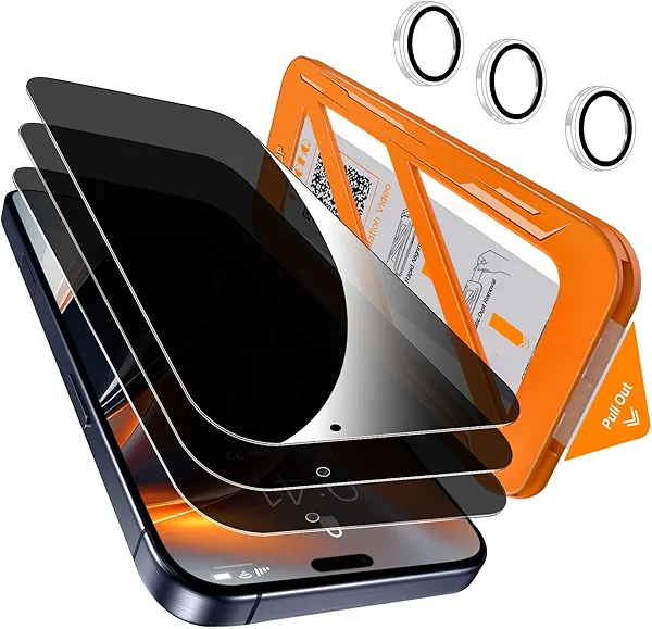 [1-Second Auto-Install] QHOHQ 3 Pack Privacy Screen Protector for iPhone 17 Pro [6.3 Inch] + 1 Set Camera Lens Protector, 25° Anti Spy Tempered Glass, [12FT Military Grade Shatterproof], Case Friendly