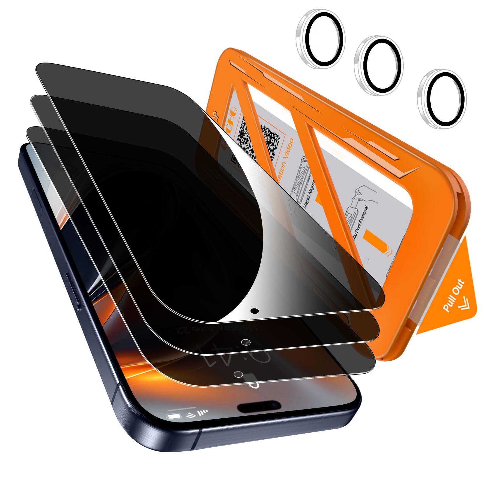 QHOHQ 3 Pezzi Pellicola Privacy per iPhone 17 Pro + 1 Set Protezione Fotocamera, 25°Anti-Spy Vetro Temperato, [12 Piedi Antiurto di Grado Militare], Auto-Install 1s, Cover Compatibile