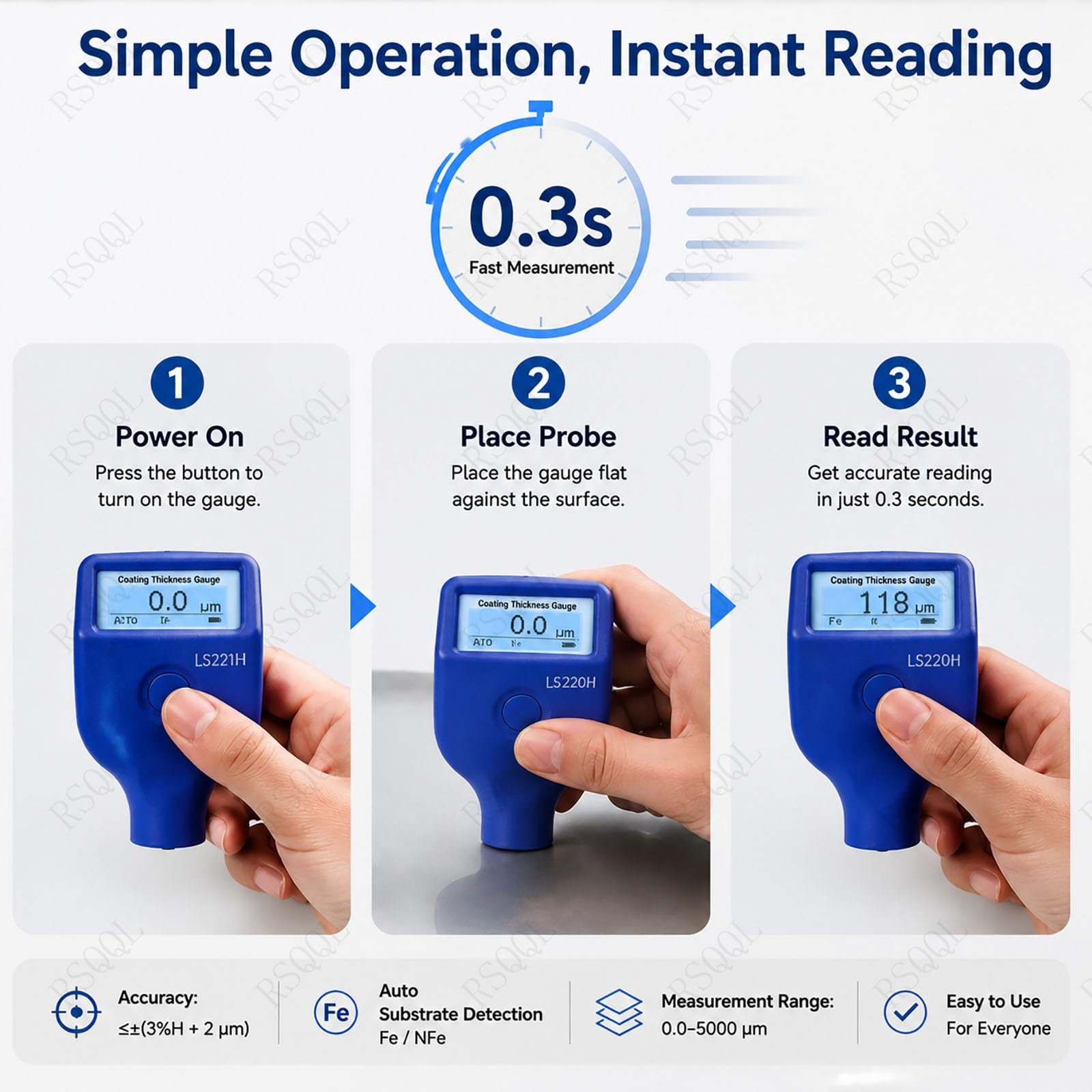 Dispositivo de medición de espesor de recubrimiento digital | Pantalla LCD, No requiere calibración, 3 modos, Tiempo de respuesta 0,3 s