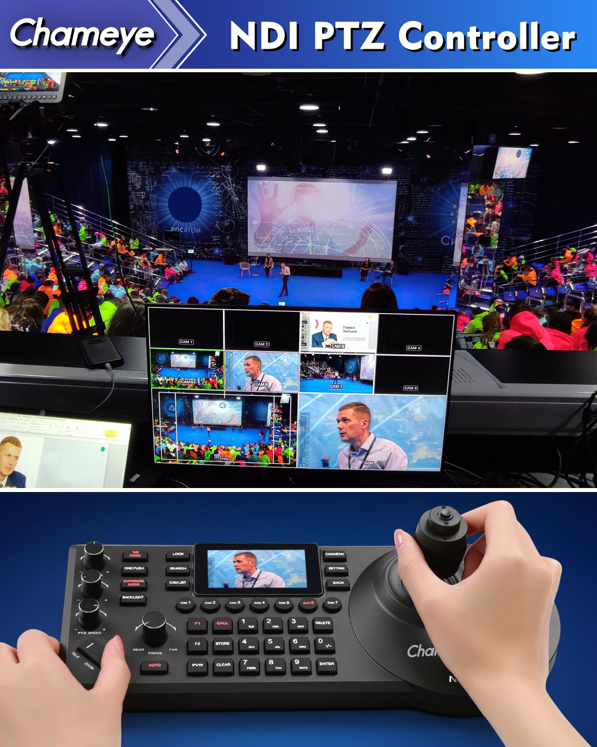 Chameye Controller per Telecamera PTZ NDI con Joystick 4D, Tastiera Controller PTZ IP PoE, Schermo LCD da 3 pollici per YouTube OBS vMix Live Streaming, fornito con licenza NDI (E300)