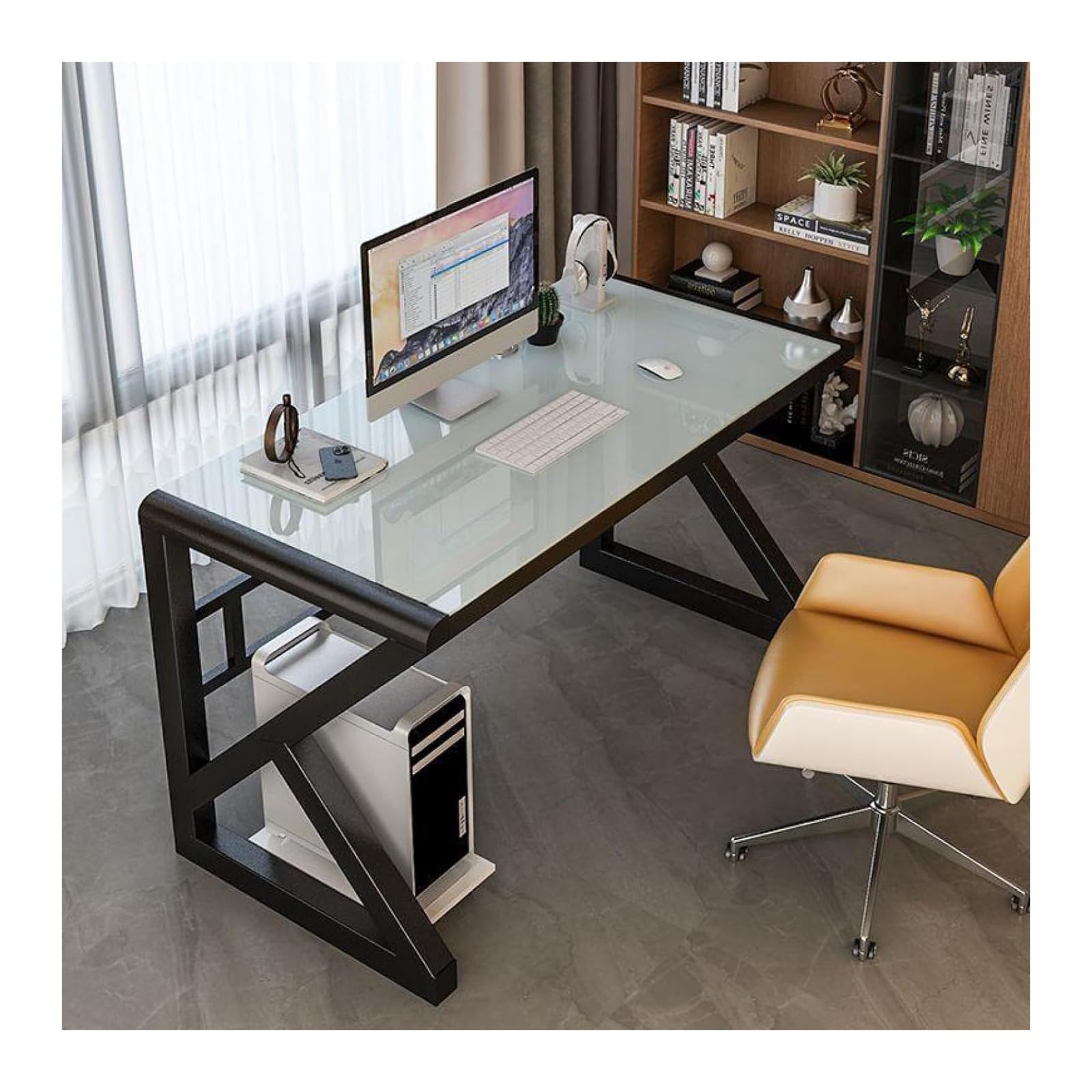 Wdsopk White+Black Computer Desk Home Office Desk Tempered Glass Computer Desk, Modern Home Office Desk Gaming Desk Writing Study For Study Play Work Bedroom Home Office（-100Cm）