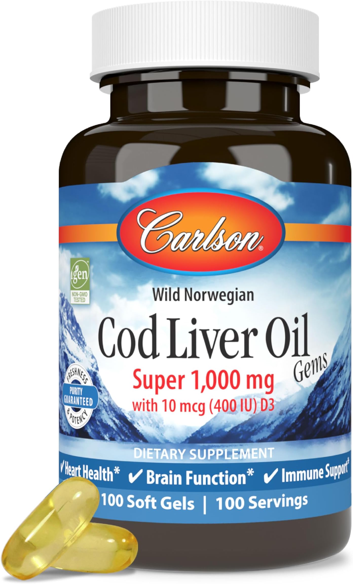 Cod Liver Oil, Super 1000 mg + Vitamins A & D3, Wild Norwegian, Sustainably Sourced, 100 Softgels