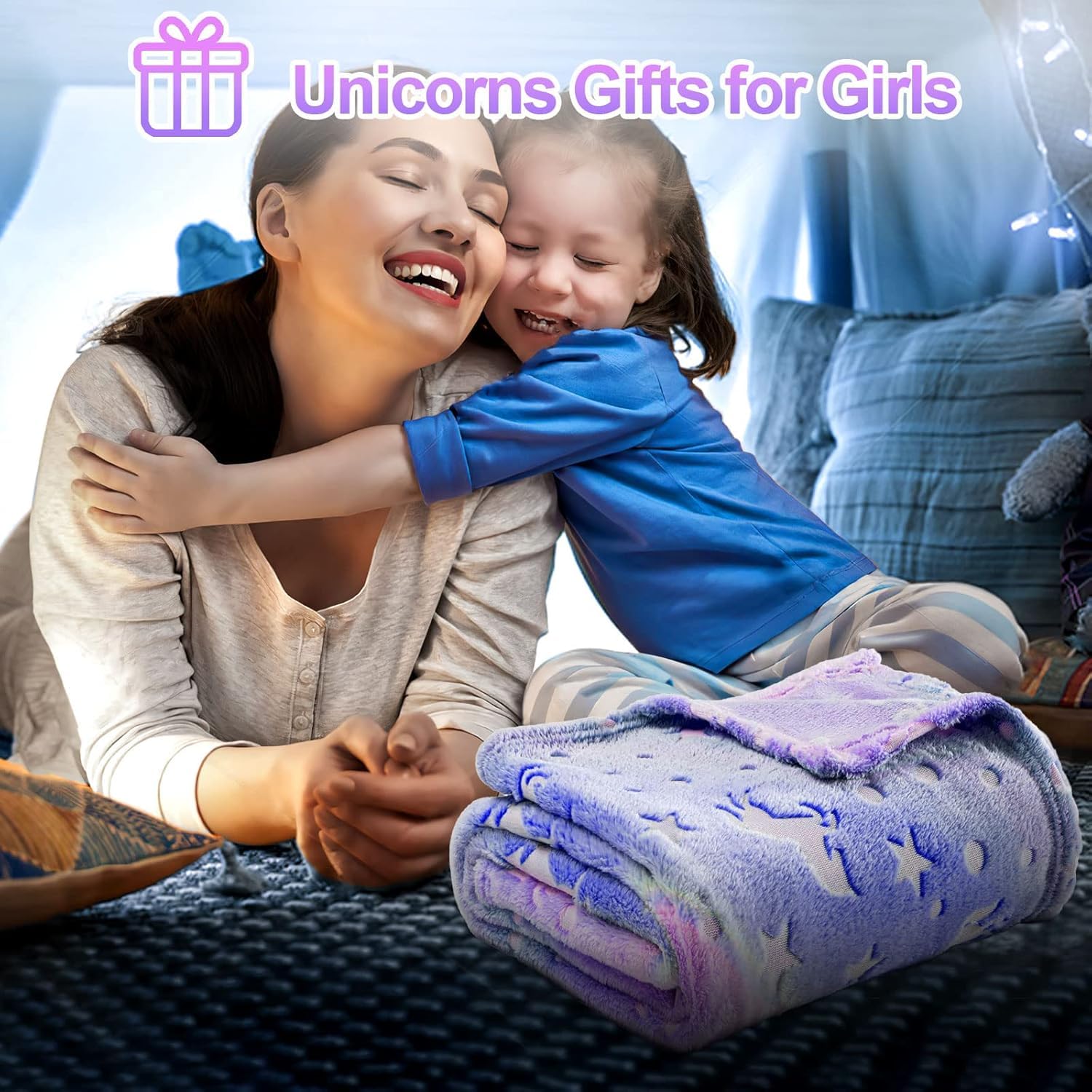 EXILOM Glow in The Dark Blanket for Kids, 200x152 Cm, Unicorns Gifts for Girls, Soft Kids Blankets for Christmas Birthday, Cozy & Warm All-Season Glow Blanket Ideal Gift for Boys & Girls (Purple) 4