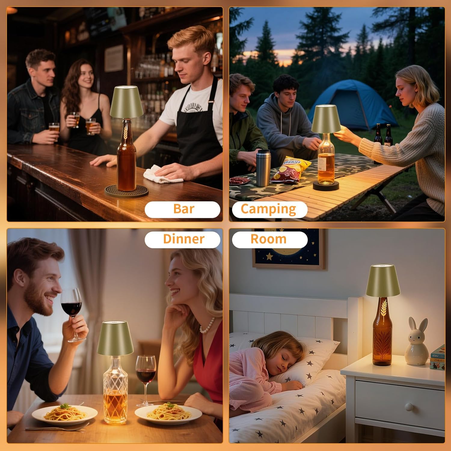 Rechargeable Wireless Bottle Lamp - 3 Color Stepless Dimmable, Metallic Gold Lampshade, 5H Bright Light or 48H Soft Glow,Ideal for Home Décor, Parties, Bar