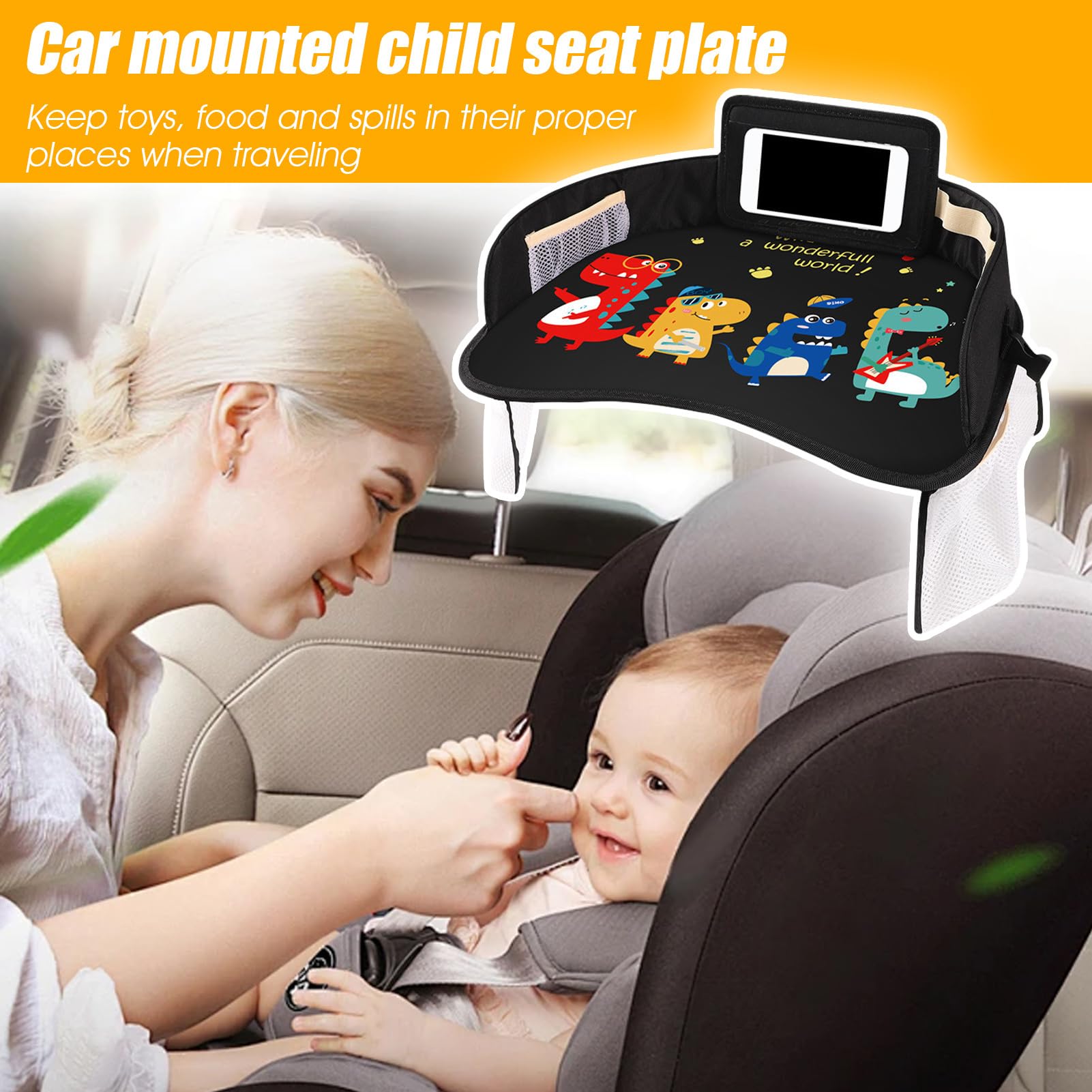 Bandeja de viaje para niños: mesa de actividades impermeable para asiento de coche, escritorio portátil con espacio para guardar juguetes | Soporte para refrigerios, superficie de dibujo para niños pe