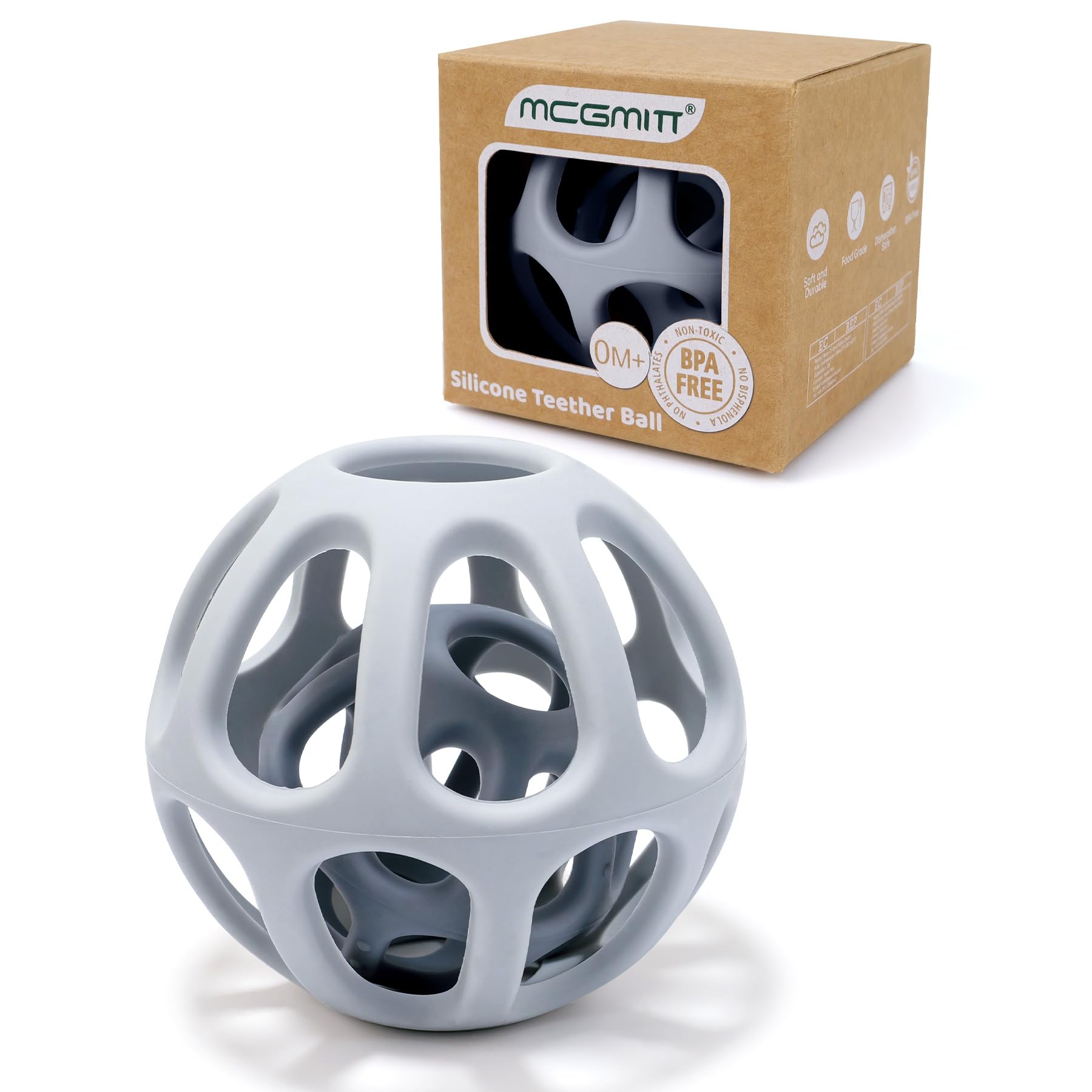 MCGMITT Beißring Baby - Greifball für Babys Silikon Beißspielzeug Zahnungshilfe 2-in-1 Sensorik Spielzeug für Babys, Beißring für Babys Beißspielzeug ab 0-36 Monaten BPA-frei, Babygeschenk (Grau)