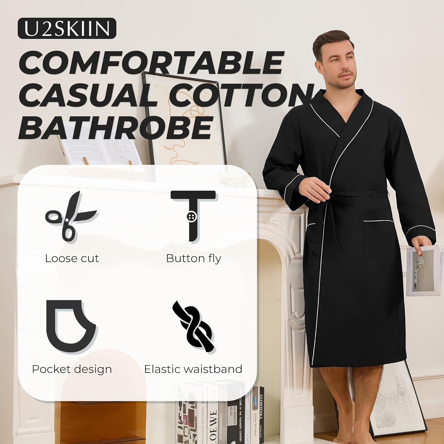 U2SKIIN Men's 100% Cotton Poplin Robe, with Shawl Collar & Adjustable Belt, Soft & Breathable Robe, Spa & Everyday Comfort - Image 3