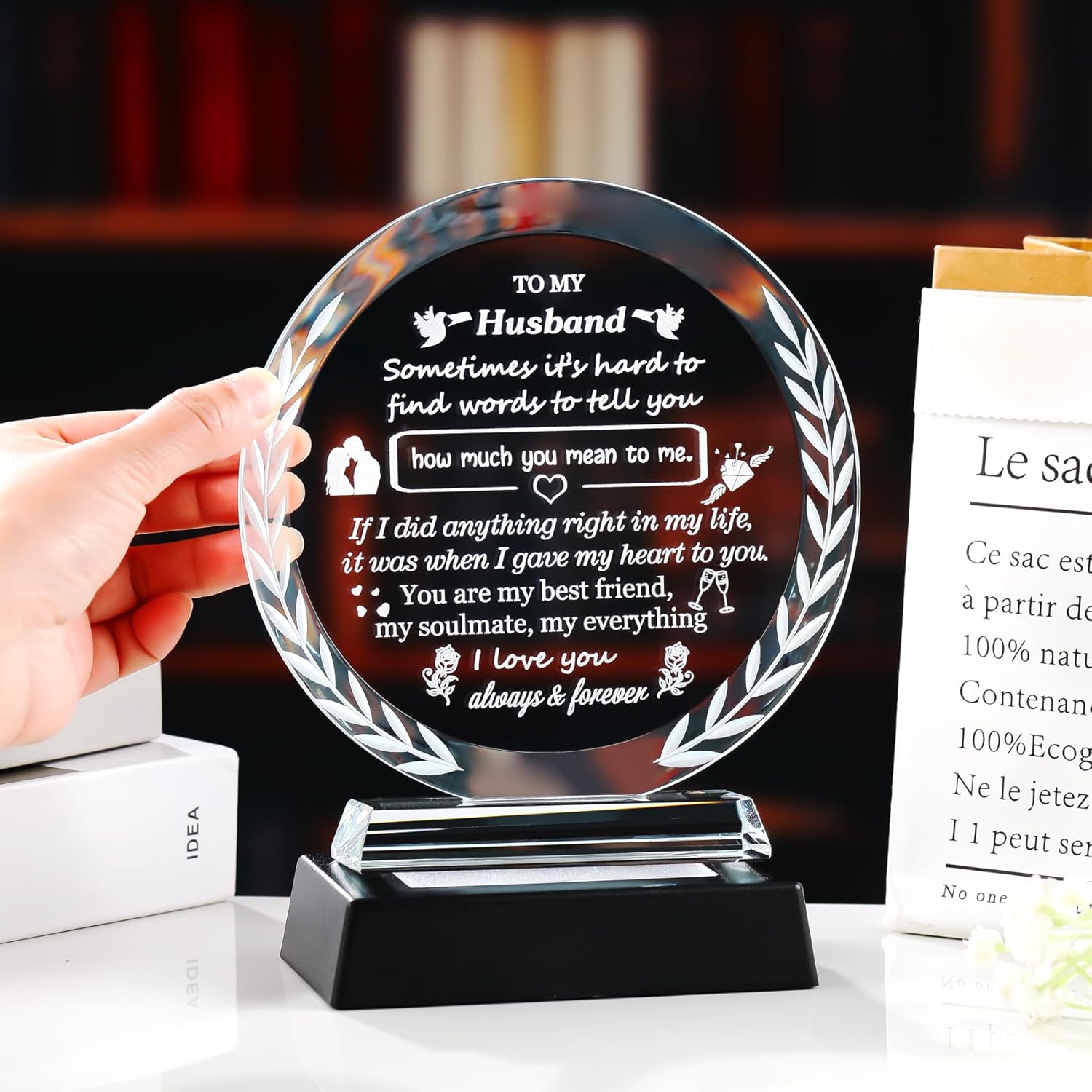 Romantic Gifts for Husband from Wife Crystal Plaque to My Husband with LED Light Base Best Husband Ever Gifts for Birthday Valentine's Day Christmas Anniversary