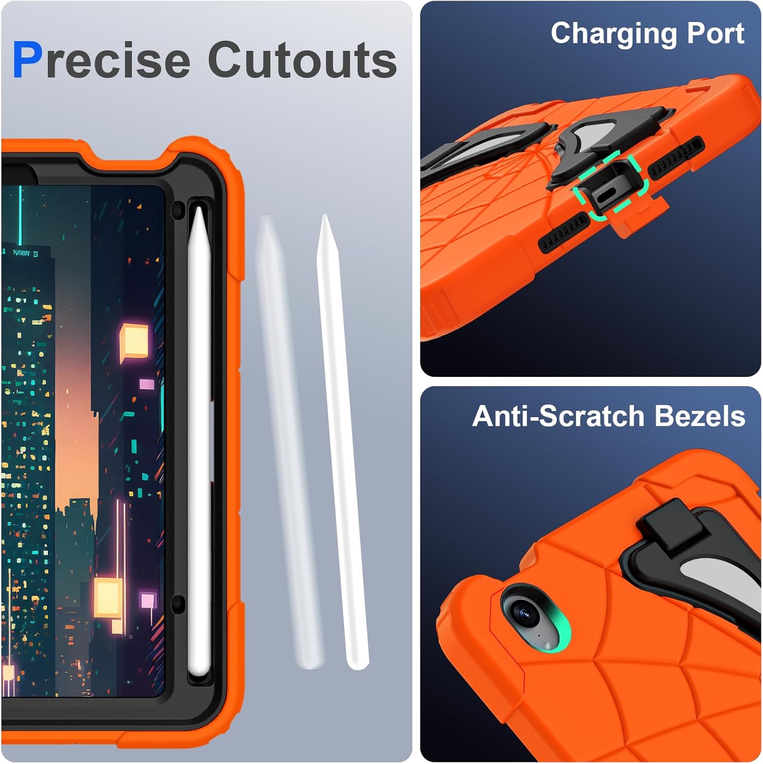 Kids Case for iPad mini 7 A17 Pro 2024/ Mini 6 8.3 inch, Spider Case for iPad mini 7th 6th Generation, Shockproof Durable Full Protective Cover with Pencil Holder, Kickstand (Orange+Black)