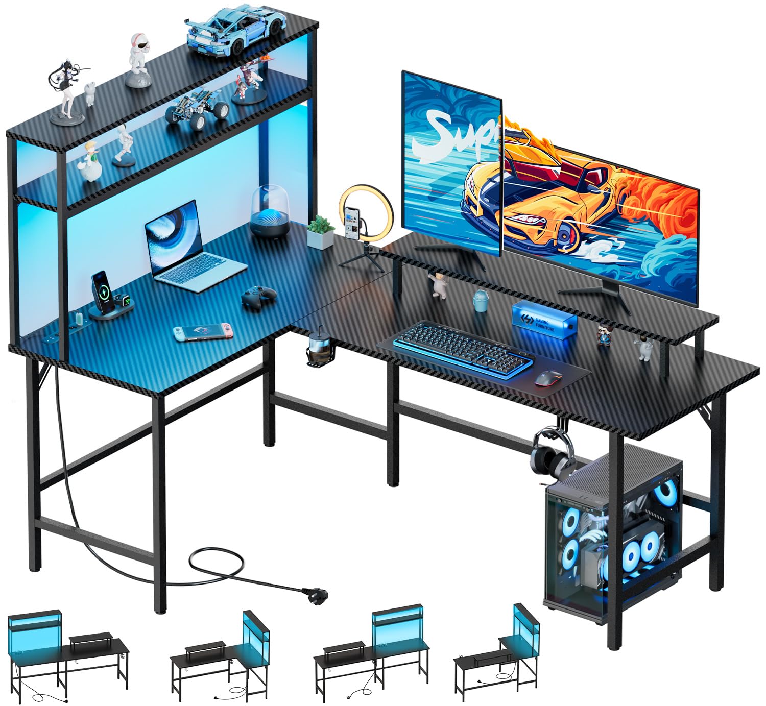 HLFURNIEU Bureau Gaming en L LED, 150 x 100 cm, Noir | Prise Intégrée, Ports USB, Étagères, Surface en Fibre de Carbone