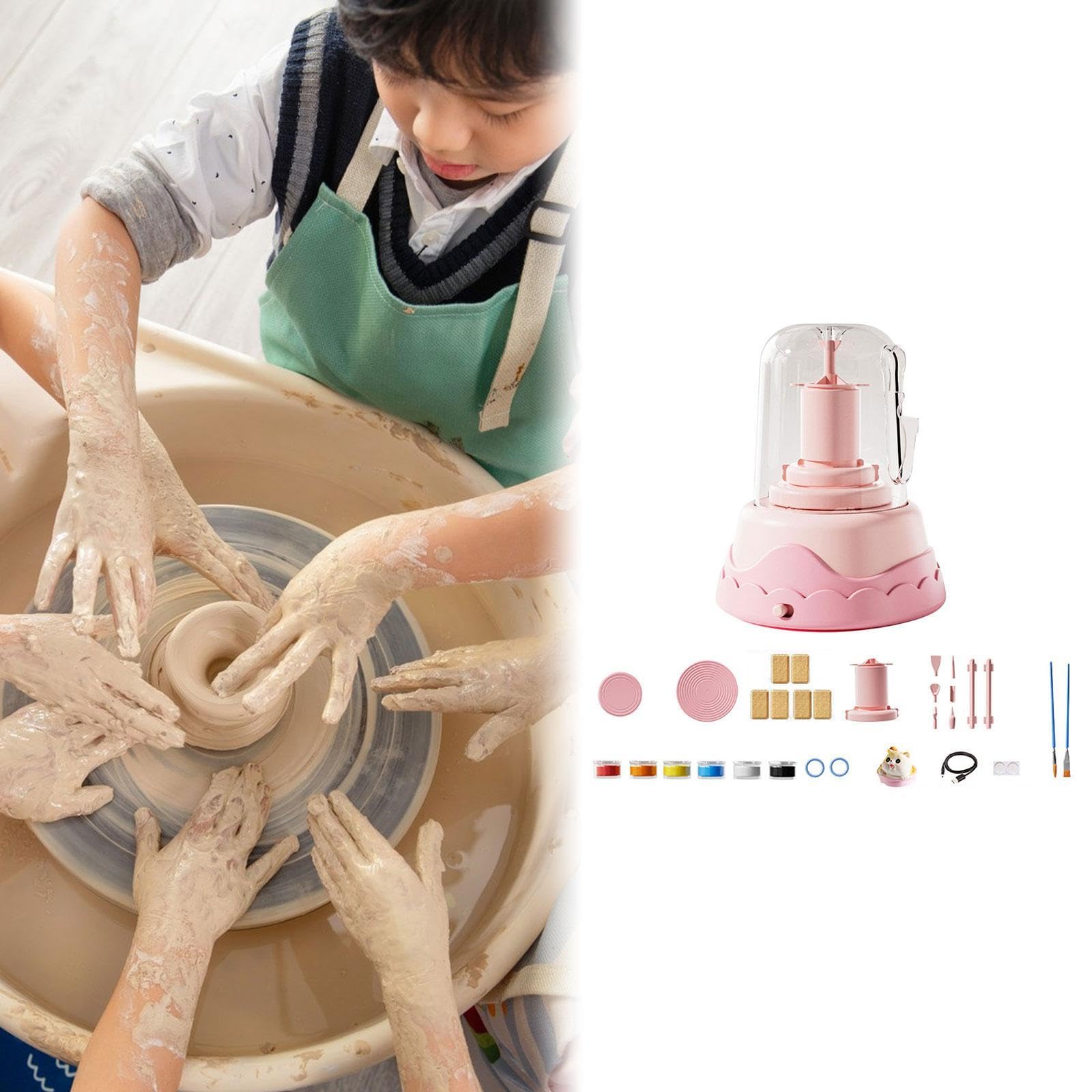 Elektrisches Töpferscheiben Set für Kinder, Töpfermaschine, DIY Bastelset für Anfänger, Künstleratelier Set, Porzellanscheibe, Pink 6 Ton