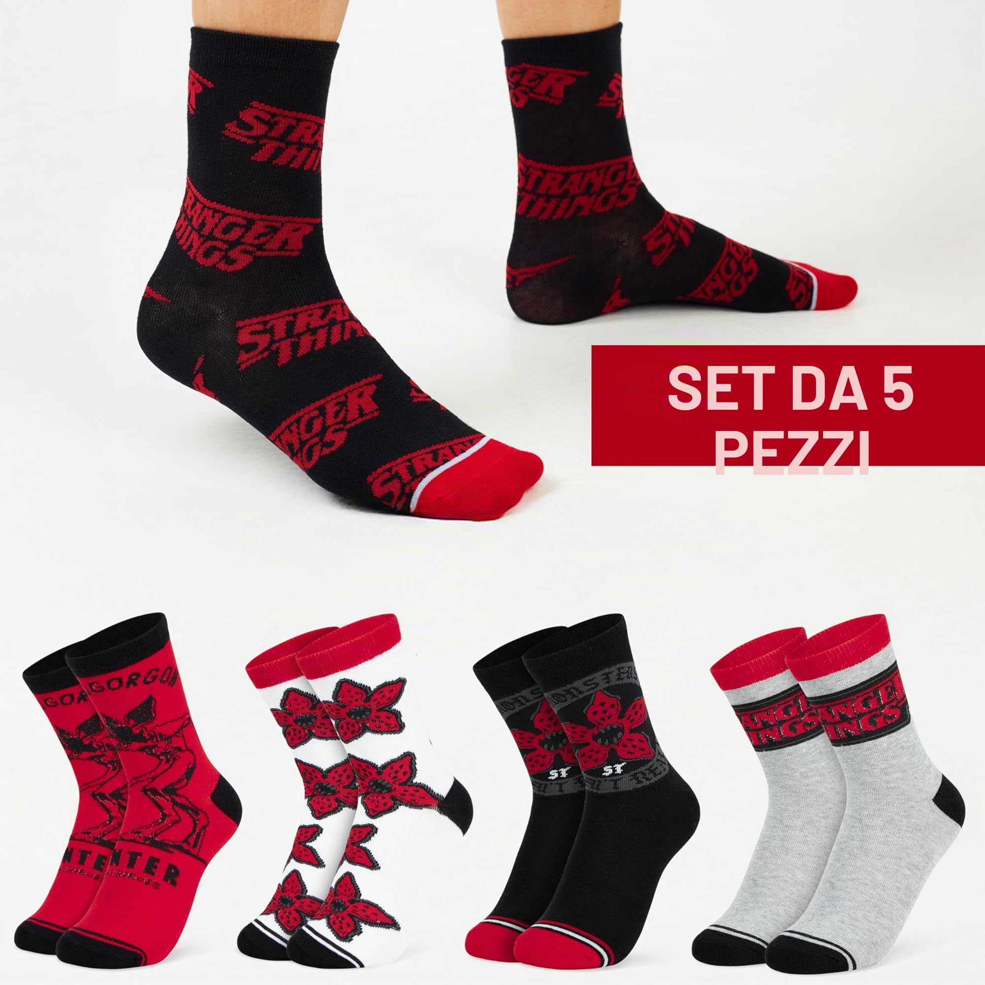 Stranger Things Calzini Donna Adolescenti, EU 35-41, Pacco da 5 Calze Divertenti a Fantasia Cotone Misto, Regalo Donna