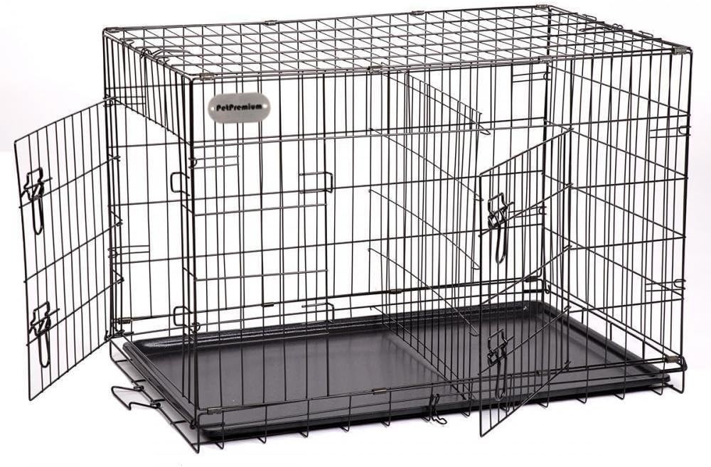 PetPremium Large Dog Crate | XL Pet Carrier Travel Cage | Indoor Outdoor Outside | Collapsible Portable Folding Wire Metal Kennels | Double-Doors with Divider and Tray | 42x27x30 inches (LxWxH)
