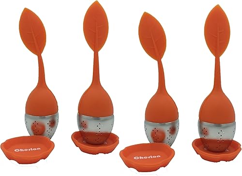 Miniatura 8 de Cherion Juego de 2 bolas infusoras de té  Infusor de té suelto con bandeja de goteo  Lindo mango de hoja de silicona como tapa con bola de acero