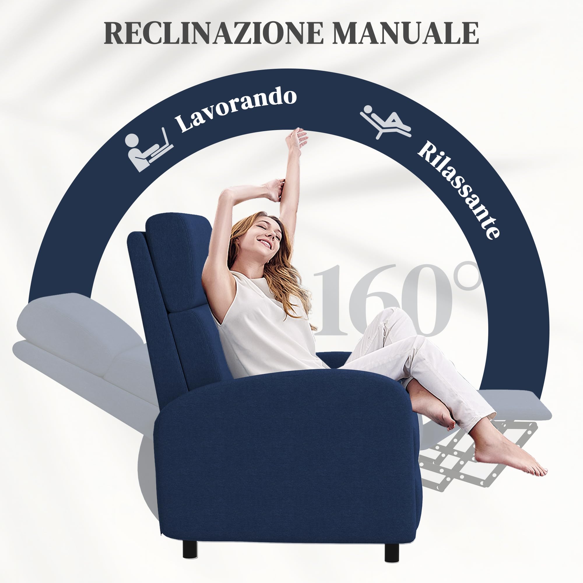 HOMCOM Poltrona Relax Reclinabile Manuale 160° con Poggiapiedi, Poltroncina Reclinabile Imbottita Ergonomica in Tessuto Effetto Lino per Camera da Letto, Ufficio, Salotto e Soggiorno, Blu
