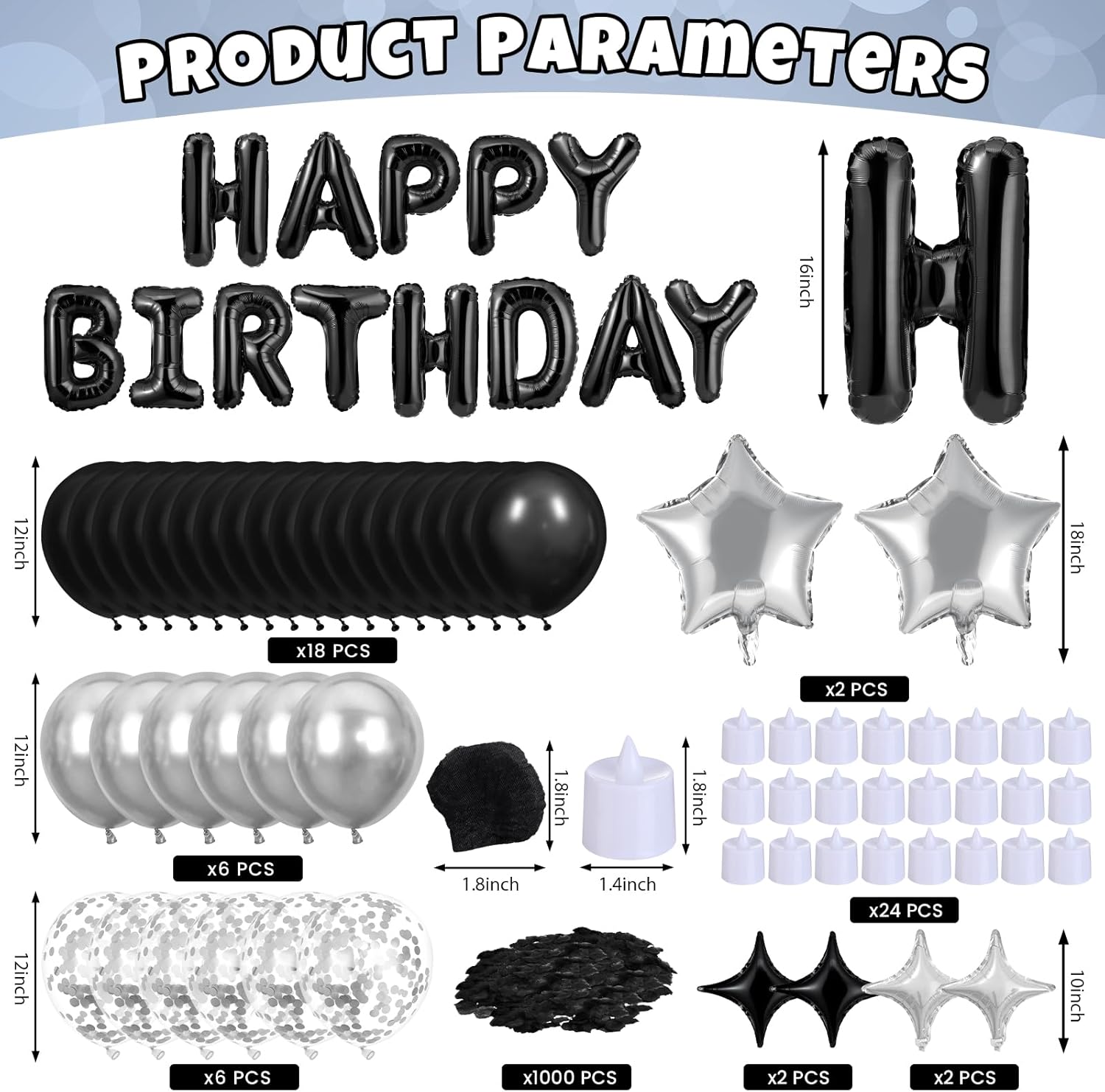 Black Happy Birthday Balloons Decorations Silver and Black Birthday Balloon Letters Banner with 6 Pcs Star Balloons 1000 Artificial Rose Petals 24 Flameless LED Candles for Room Birthday Party Decor