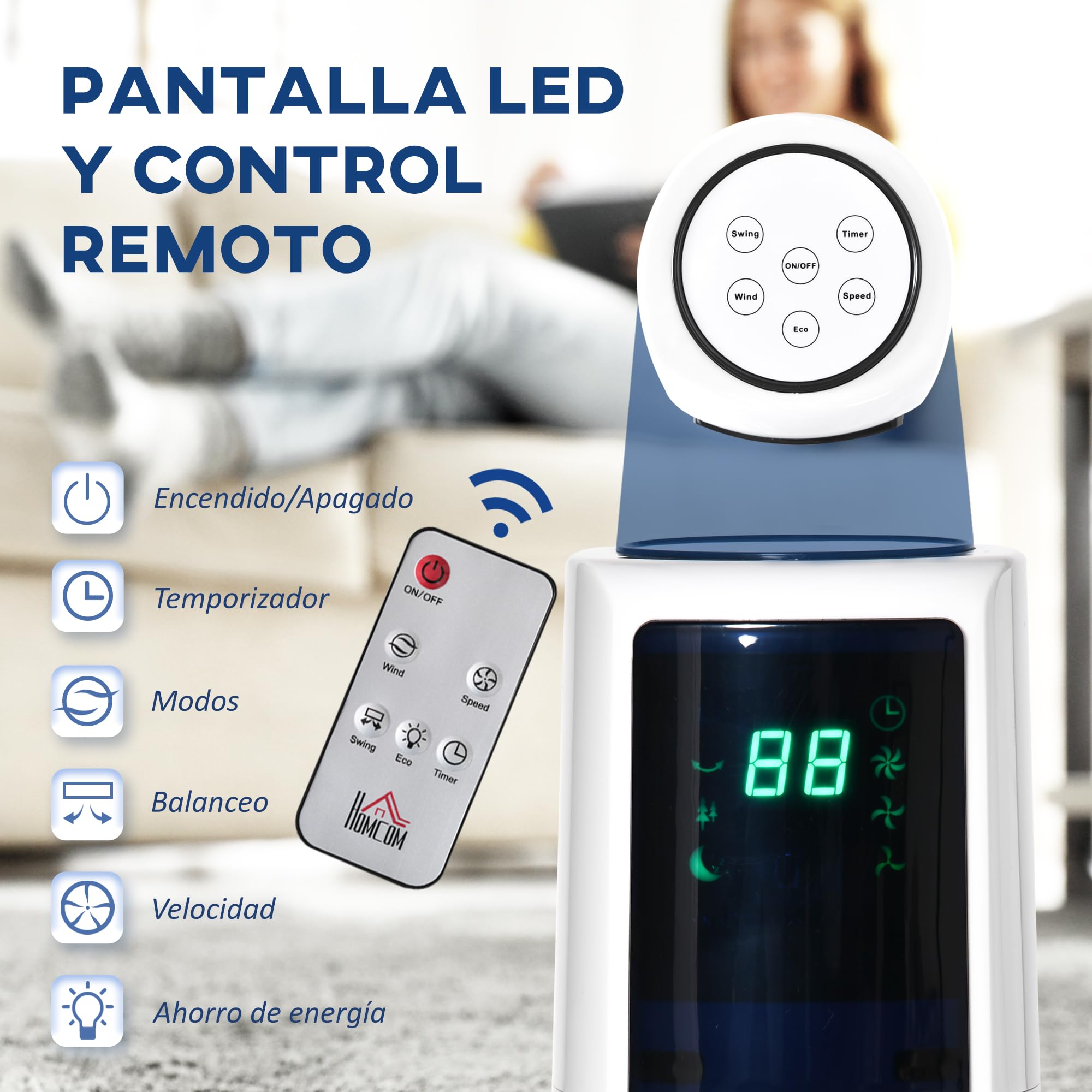HOMCOM Ventilador de Torre Ventilador de Pie 50W Ø32x118,2 cm Blanco | Silencioso con Control Remoto, 3 Velocidades, 3 Modos, Temporizador 12H, Oscilación 40°, Pantalla LED, para Hogar y Oficina