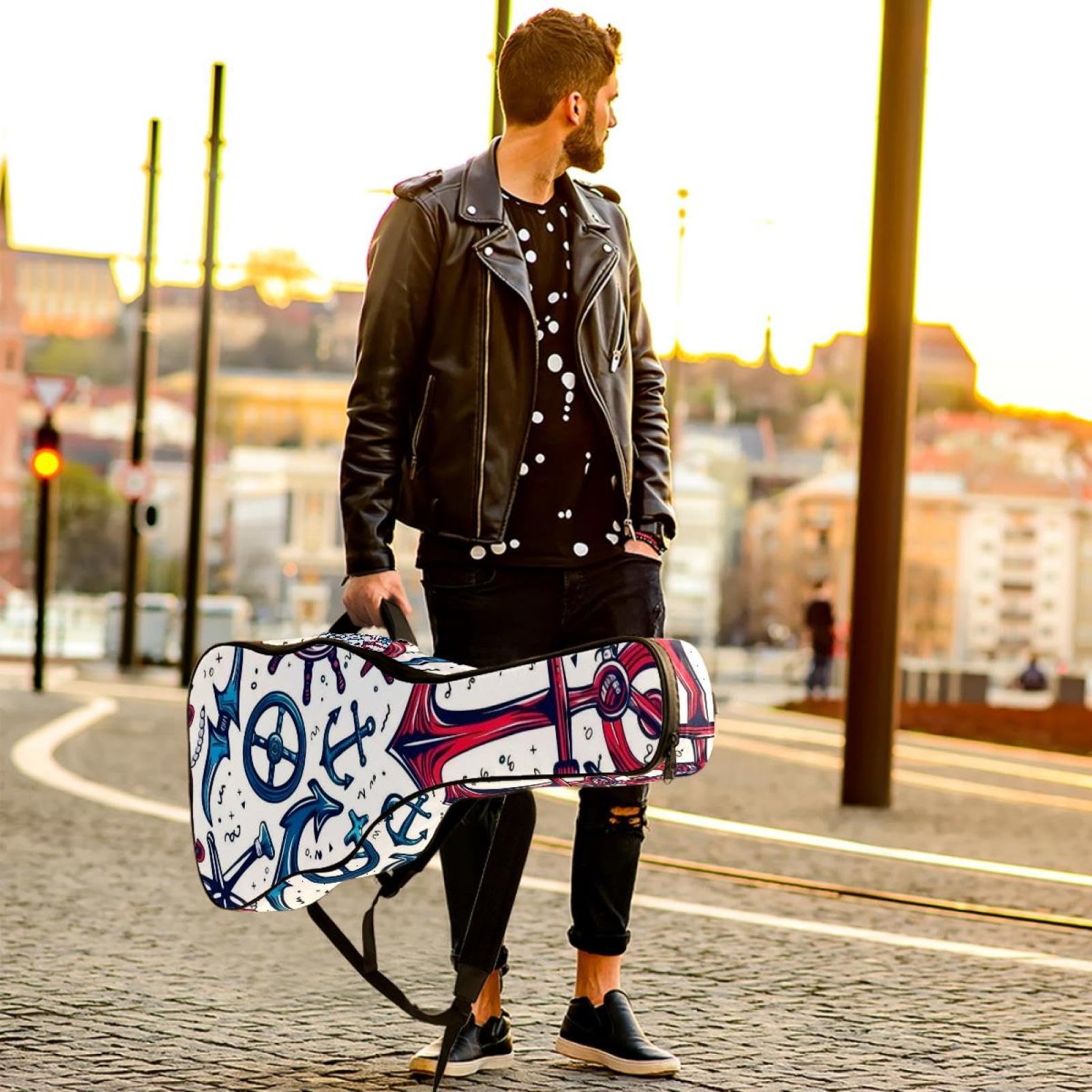 43 Zoll Akustikgitarre Softcase mit Rucksackgurt und 2 Taschen Sommer Anker Handräder Keine Polsterung Rucksack Wasserdicht Oxford Tuch Bassgitarre Gigbag für Konzertgitarre, mehrfarbig,