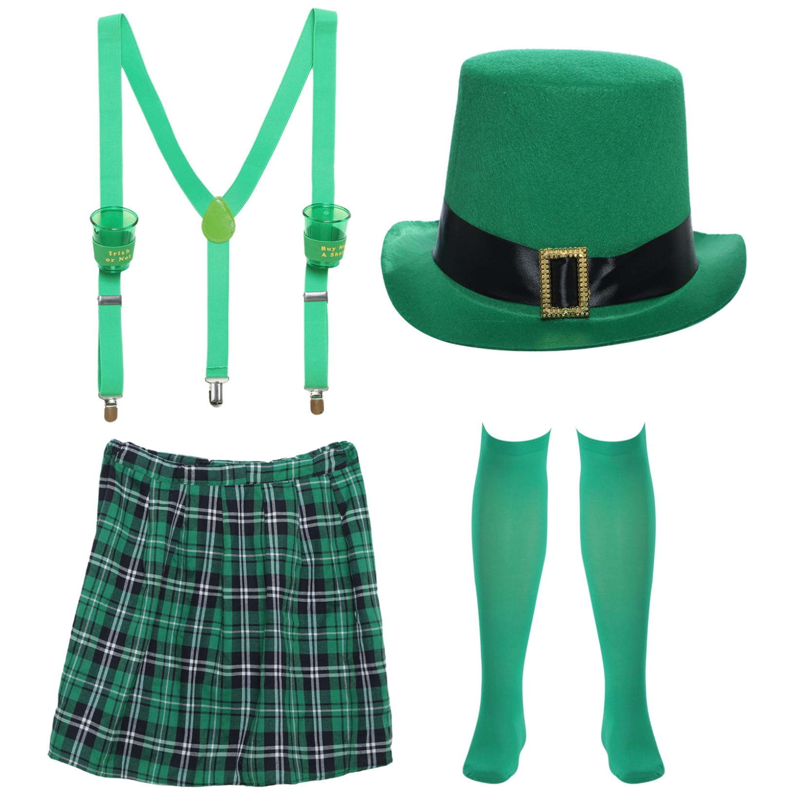 Kaerm St. Patrick Day Costume Set Top Hat Leprechaun Beard Bowtie Irish Plaid Skirt Glasses for Festival Party Type C One Size