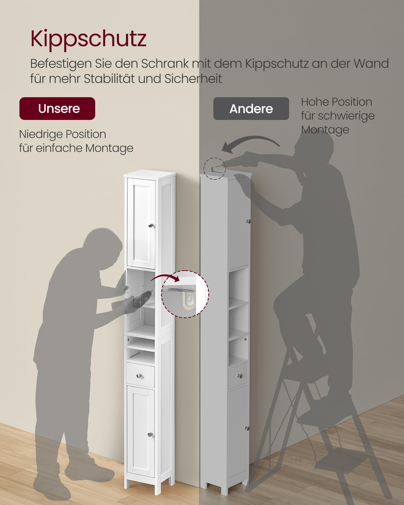 VASAGLE Badezimmerschrank, Badschrank, hoch, schmaler Aufbewahrungsschrank, mit verstellbaren Ablagen, Schublade, offenen Fächern, für kleine Räume, modern, wolkenweiß BBC765W01