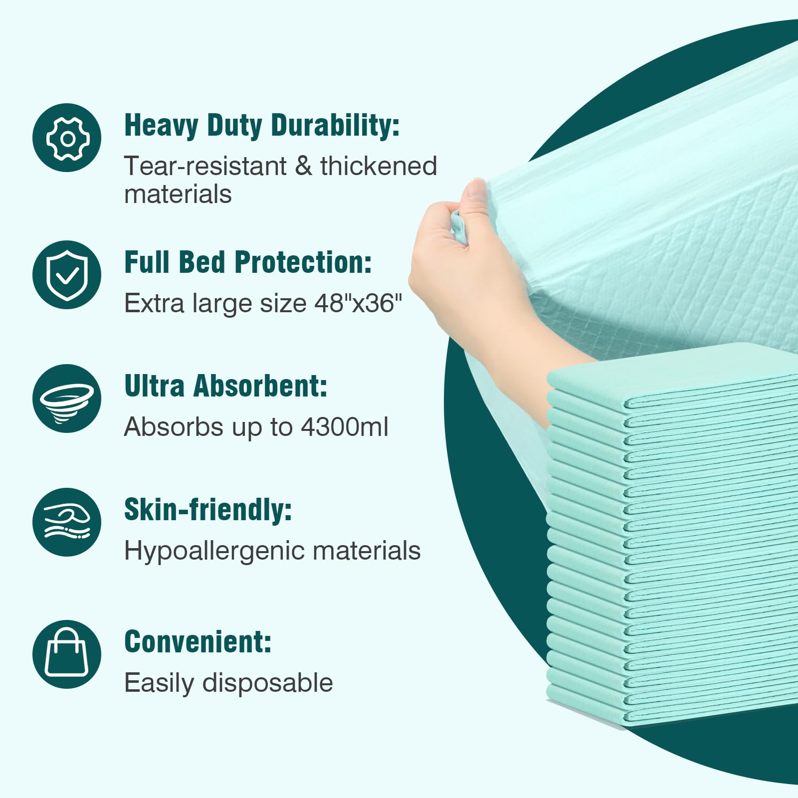 BIGGMED Almohadillas desechables resistentes al desgarro, 48 x 36 pulgadas, extra grandes, 215 gramos, absorbencia, para incontinencia, almohadillas gruesas para orina para adultos, ancianos,