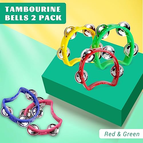 Miniatura 2 de Pandereta para niños, 2 unidades, instrumentos musicales para niños pequeños a partir de 3 años con 4 jingles de metal, certificado ASTM, no tóxico