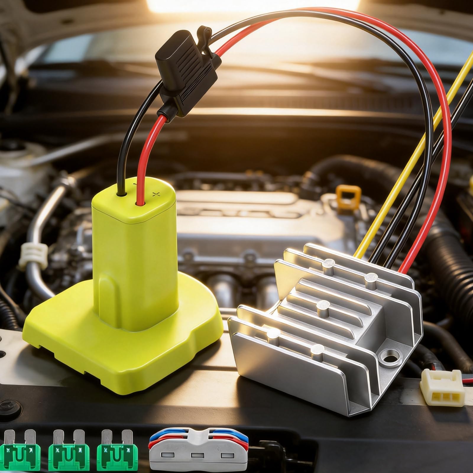 Adaptador de corriente de batería para salida de 12 V, convertidor de cable directo con base ABS y carcasa de metal con aletas para tareas de cableado