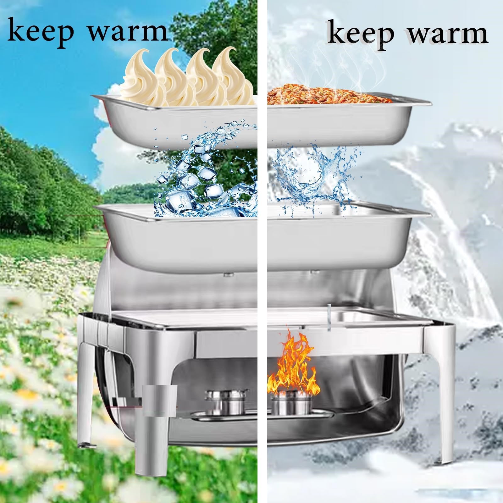 Chafing Dish Buffet-Set, 9 l, Speisenwärmer-Set mit sichtbarem Rolldeckel, Essenstablett, Brennstoffregal für Hochzeiten, Partys, Bankette, Essen (Pfanne in voller Größe),Steel-1