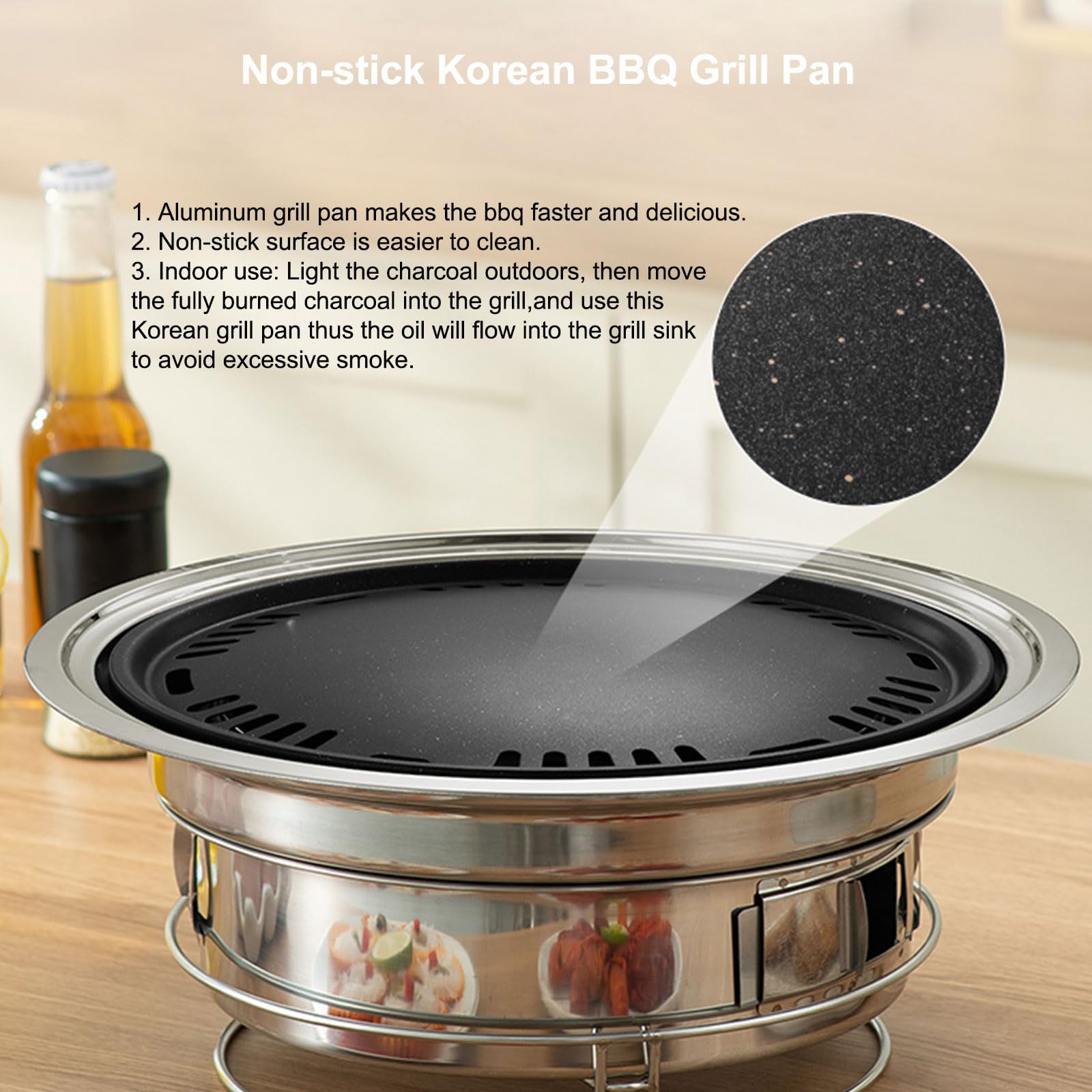 Barbecue Coréen Portable Au Charbon – Gril Inox Anti-Adhésif 34,8 Cm, Sans Fumée, Avec Poêle Et Grille – Idéal Camping, Pique-Nique, Cuisine Extérieure