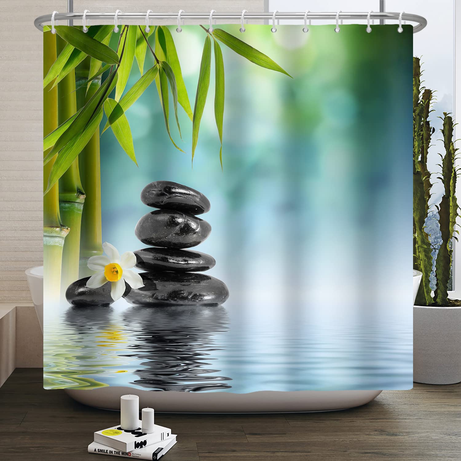 SDOTPMT 36x72inch Spa Japanese Theme Shower Curtain Green Bamboo Leaves Orchid Basalt Stones Bath Curtain Zen Meditation Bathtub Curtain for Bathroom Decor Fabric Polyester with Hooks - Image 4