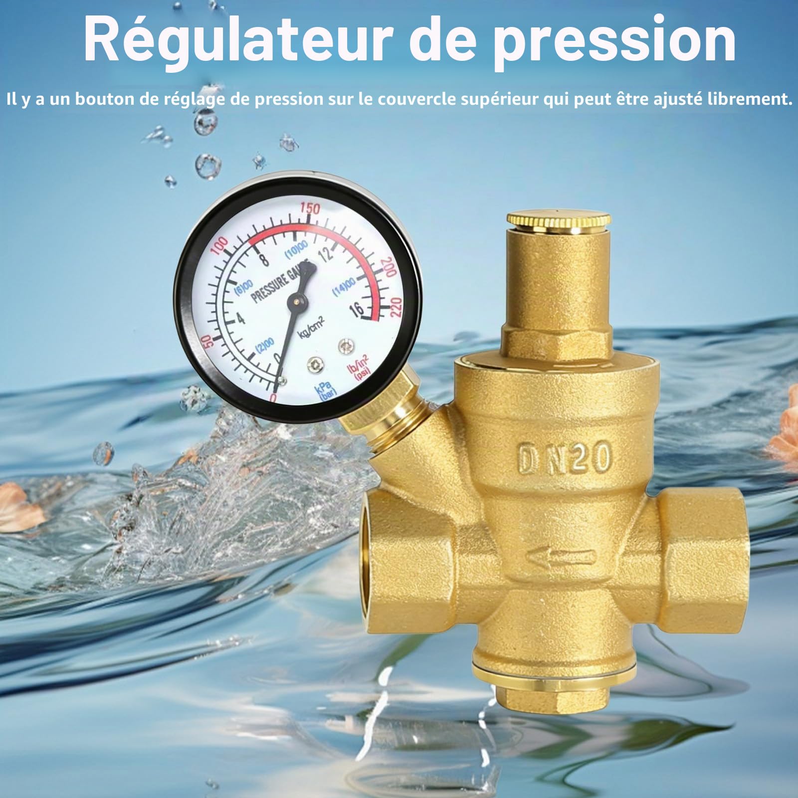 Réducteur de pression d'eau 3/4 pouces DN20 avec manomètre, réducteur de pression d'eau en laiton, régulateur de pression d'eau réglable réducteur de pression 1,6 MPa régulateur