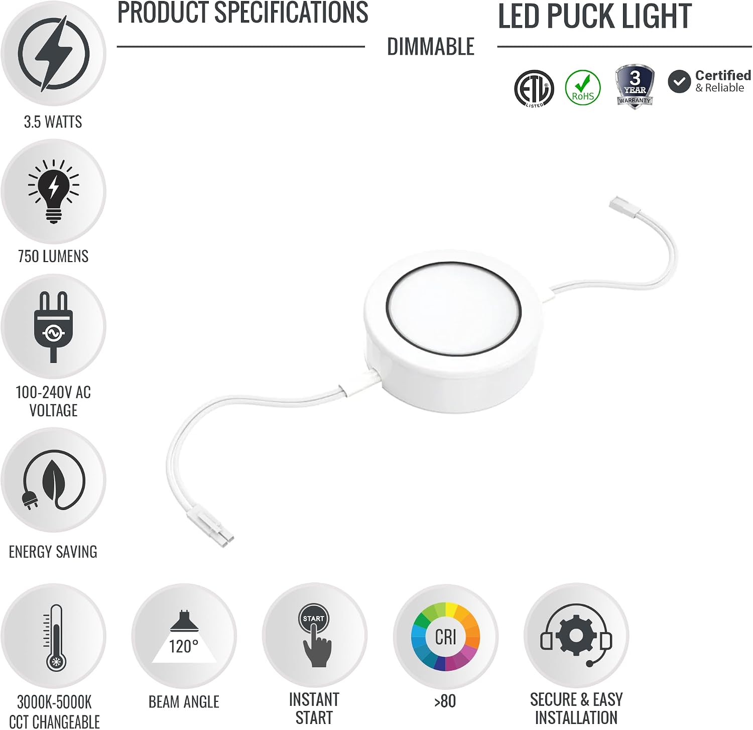 LEDMyplace 3.5W x 3 Swivel Dimmable LED Puck Light Kit with 12V DC Adaptor & Touch Dimmer, 5000K Daylight White, ETL Listed, Linkable Under Cabinet Lighting for Counter, Home, Kitchen Pack of 3