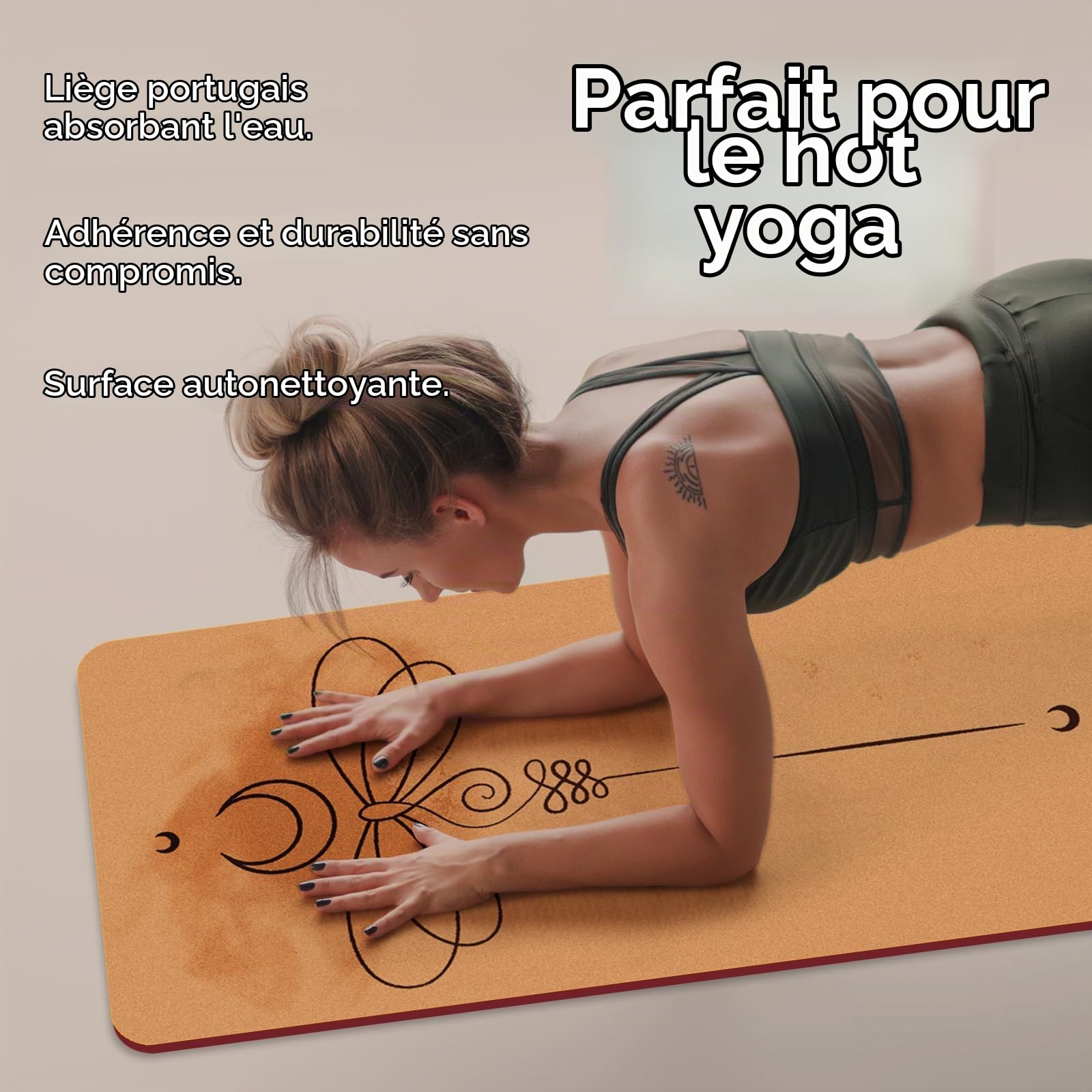 Tapis Yoga Liege Naturel 100% Tapis d'exercice Ecologique Haute Densité183X61X0.4Cm avec Sangle De Transport pour La Maison, Le Pilates,Le Gymnase Et L'Entraînement-Bordeaux-Libellules
