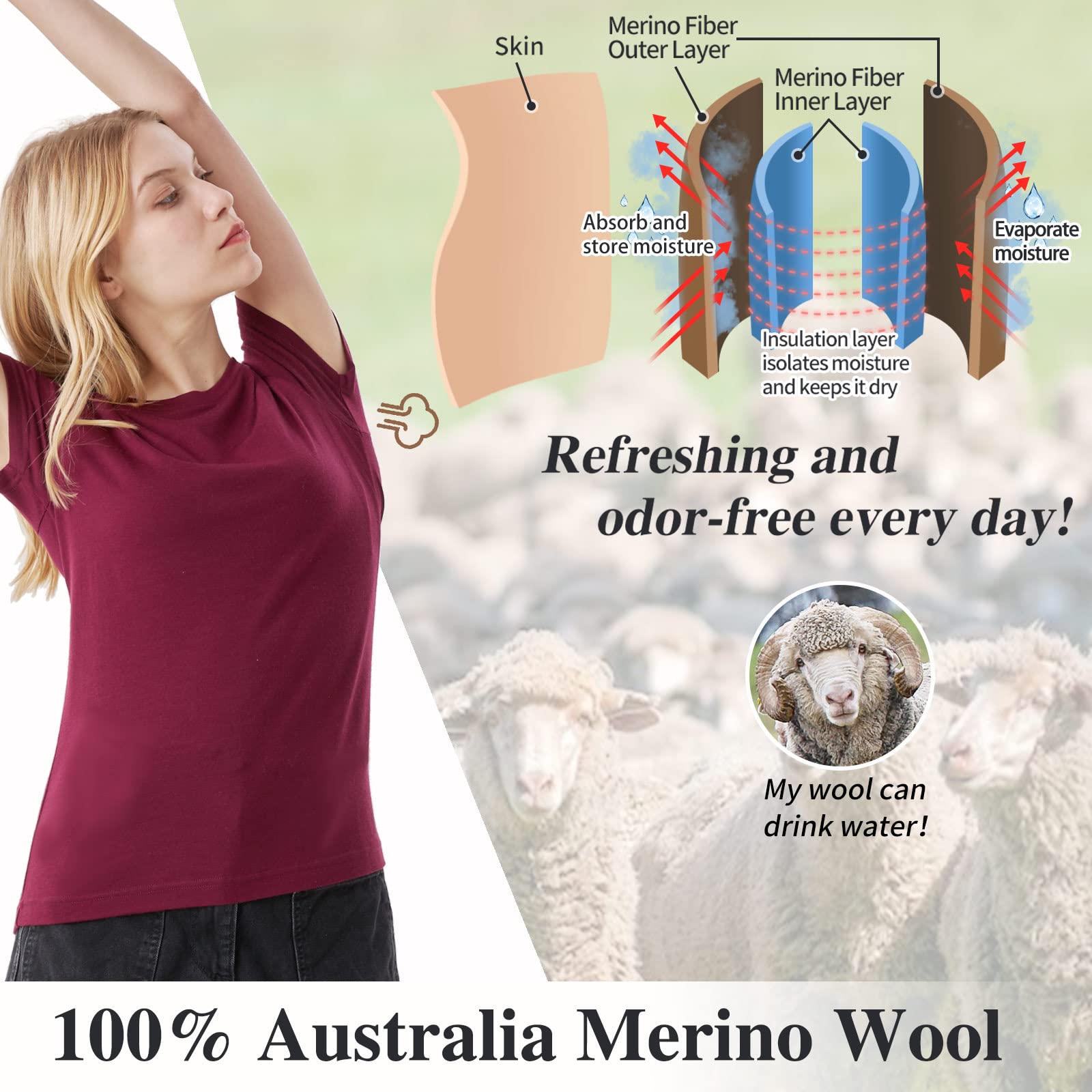Merino Protect 100% Merino Wolle Shirt Damen Kurzarm Rundhals Wolle Unterhemd Geruchsresistenz Funktionsunterwäsche Reisen Wandern Merinowolle Unterwäsche
