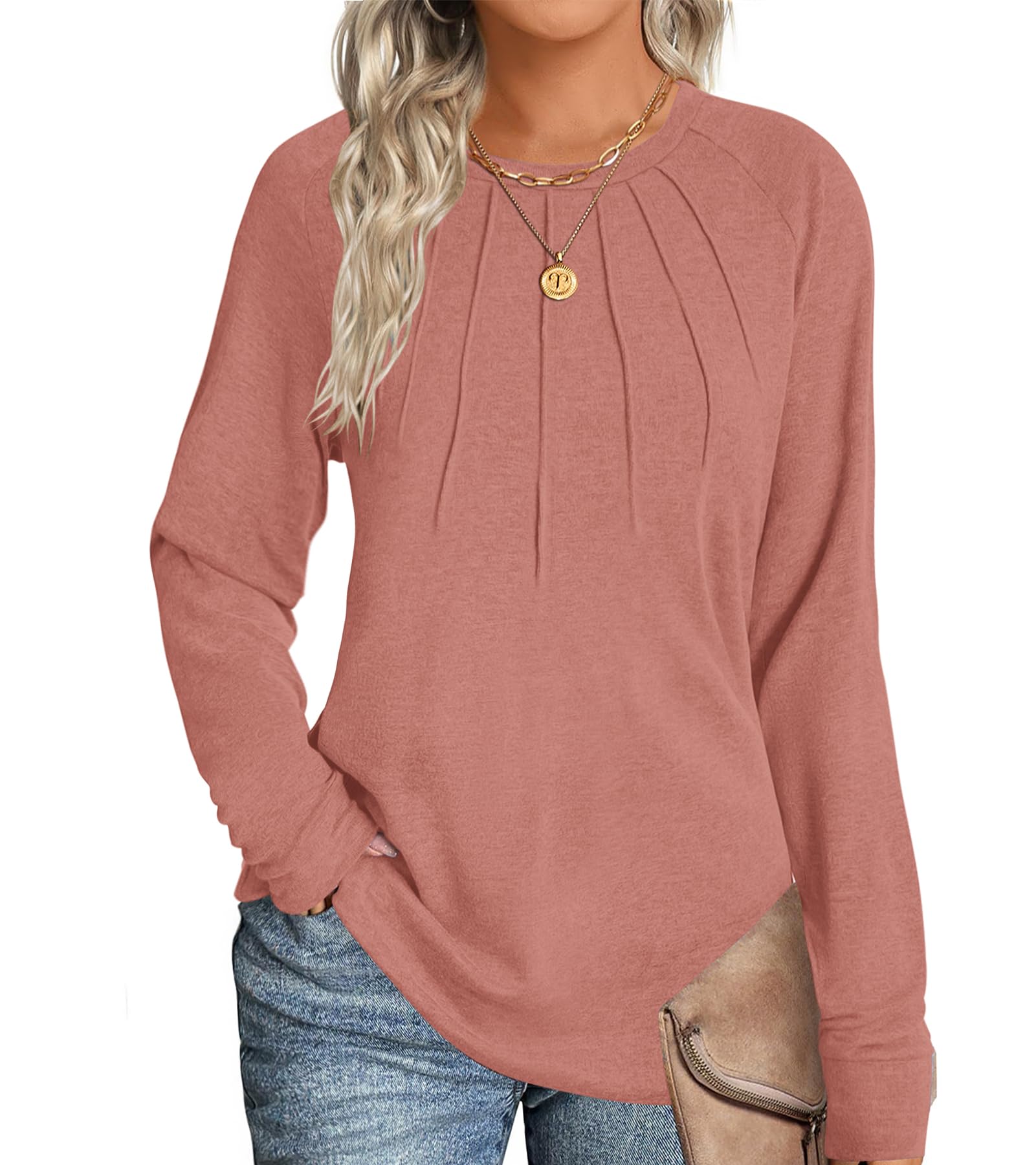 KARALIN Women Crew Neck Long Sleeve Shirts Casual Tops Fall Blouses Fashion Pleated Tunic