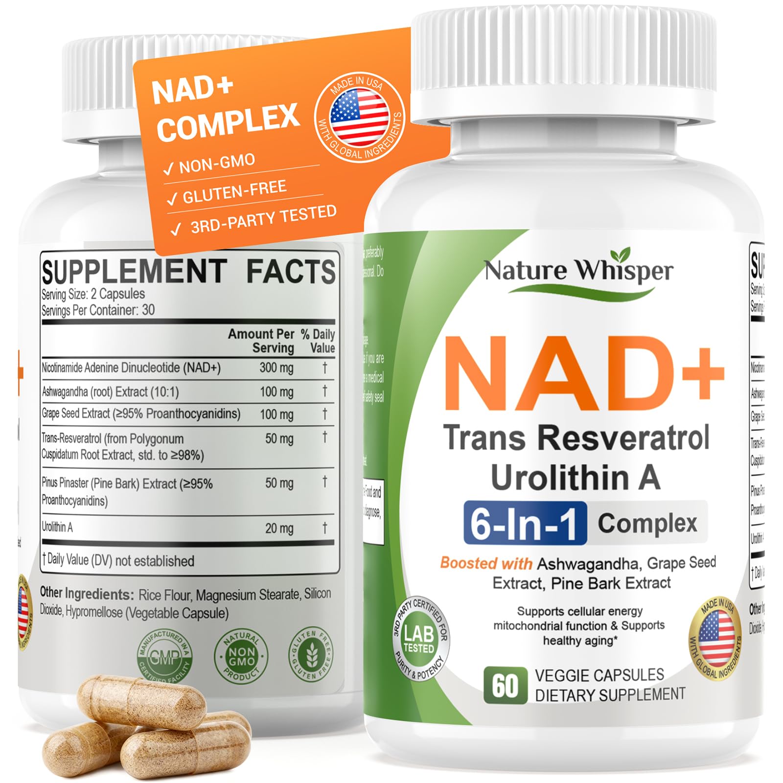 NAD+ Supplement 620mg 6-in-1 with Resveratrol Ashwagandha 60 Capsules 60 Count (Pack of 1)