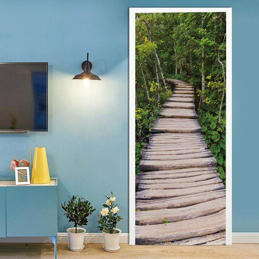 Sticker porte trompe l'oeil : agrandissez une pièce sombre grâce au paysage pont de bois