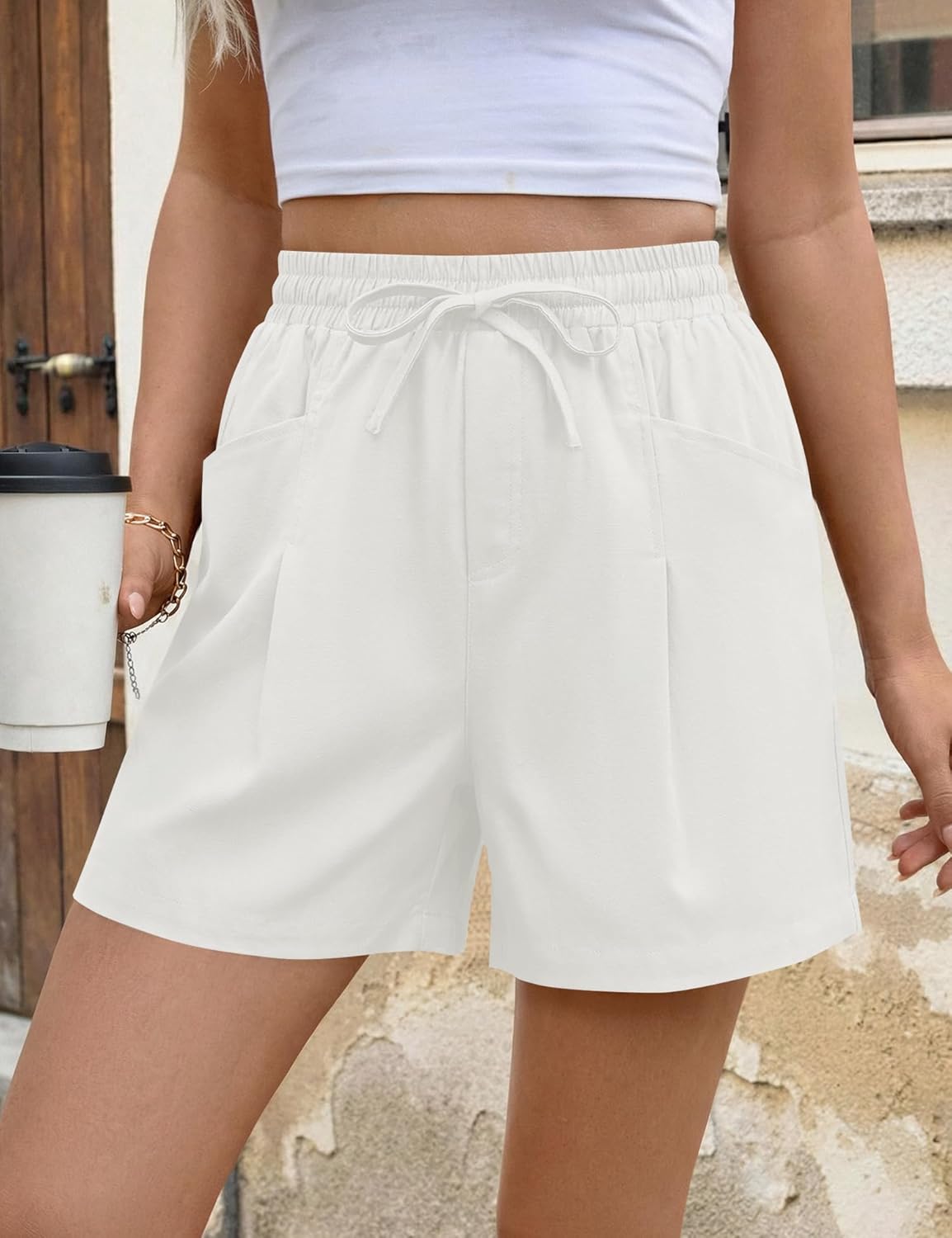 AKEWEI Linen Shorts Women Casual Wide Leg High Waisted Summer Pants Comfy Elastic Waist Drawstring Shorts with Pockets - Image 2
