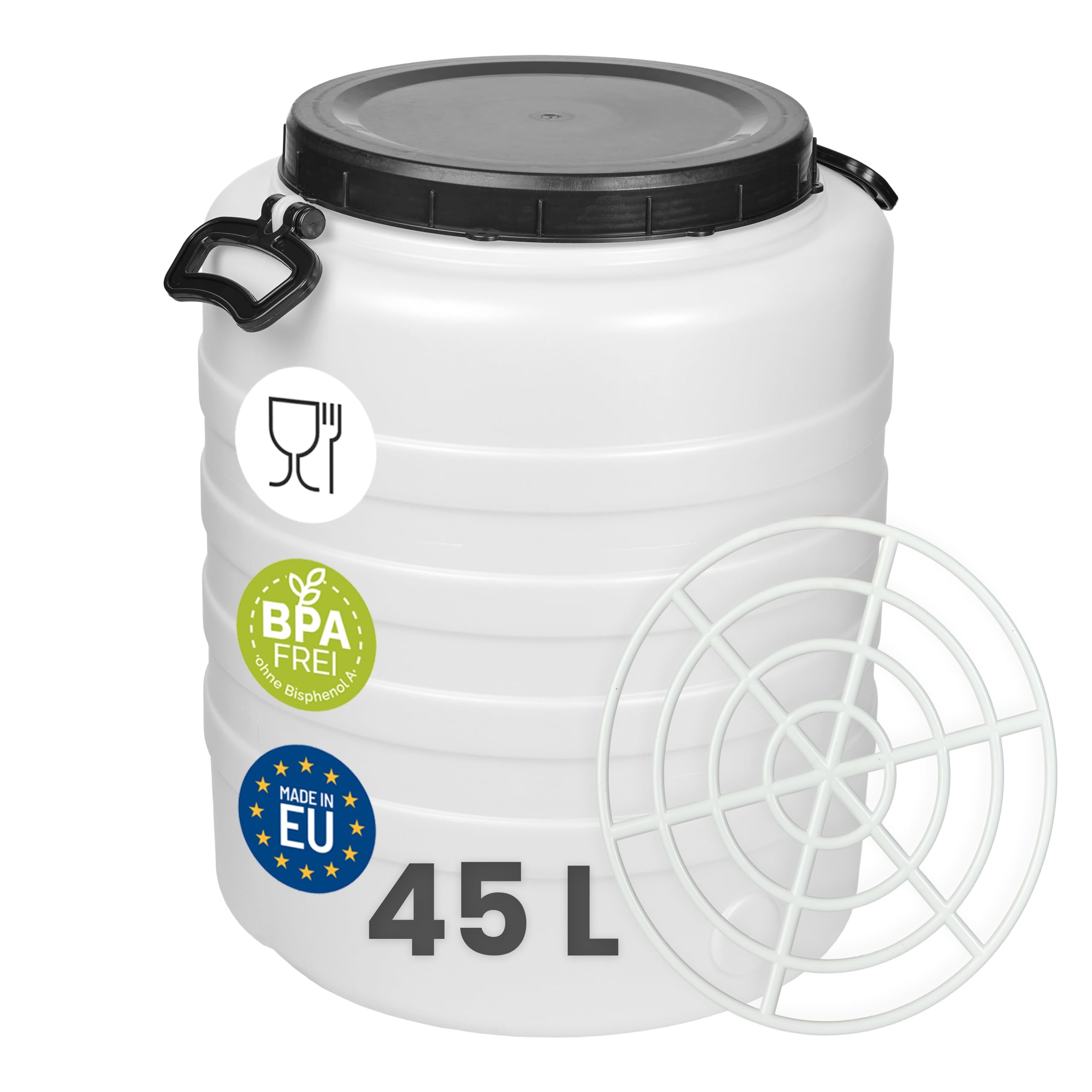 Garronda Fût Alimentaire 45 L Grille de Presse Plastique HDPE Tonneau Baril Grande Ouverture pour Eau, Stockage et Fermentation Recupérateur d Eau de Pluie GD-0187 Blanc