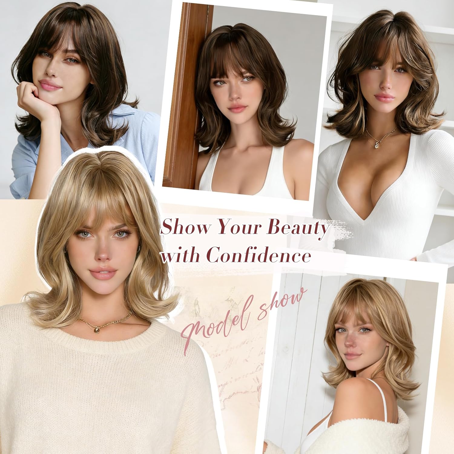 FESHFEN Shoulder Length Bob Wigs with Bangs for Women - Bleach Blonde Natural Layered Wavy Synthetic Wig For Daily Party Costume Use 14 Inch