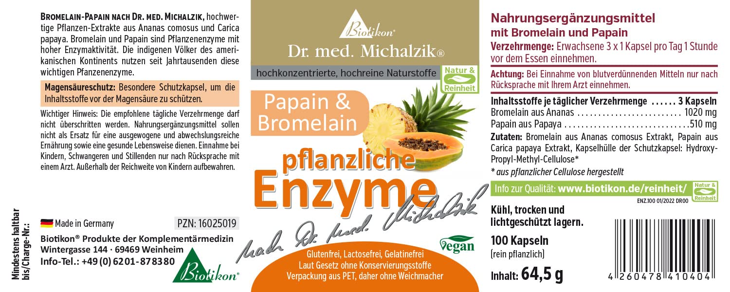 Enzyme pflanzlich Dr. med. Michalzik - enthält hochwertige Pflanzenextrakte - 100 Kapseln - je Kapsel 340 mg Bromelain 170 mg Papain - ohne Zusatzstoffe - von BIOTIKON®