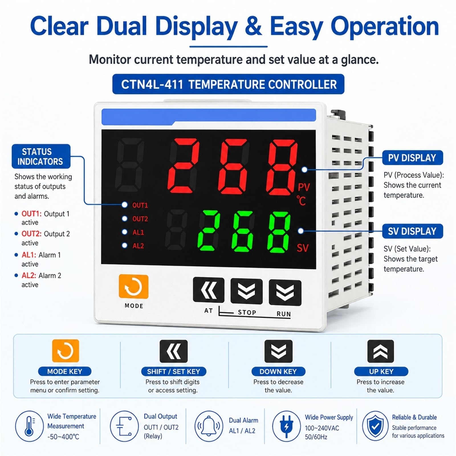 CTN4L-411 Controlador de Temperatura Digital PID Inteligente 96x96 mm Termostato con Pantalla Dual Entrada Universal K E J L T R S PT100 CU50 Salida de Relé SSR(CTN4L-43A1R)