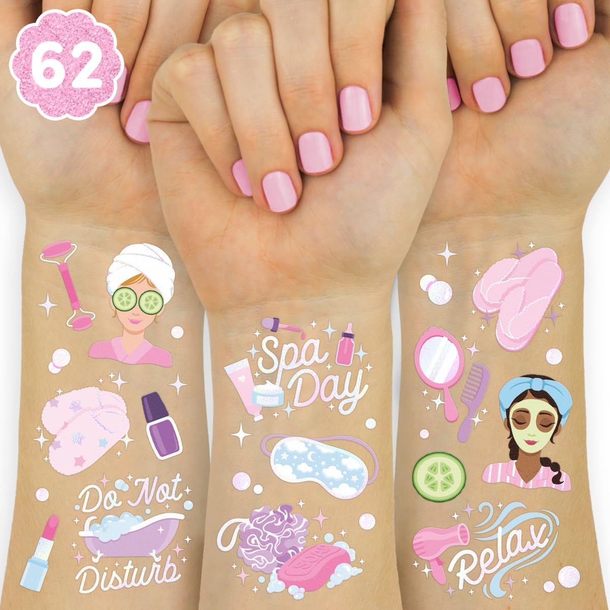 Girls Spa Party Temporary Tattoos - 62 Styles | Slumber Party Birthday Supplies, Self Care Goodie Bag Favors, Cute Decorations, Easter Basket, Stocking Stuffer, Sleepover Accessory Activity